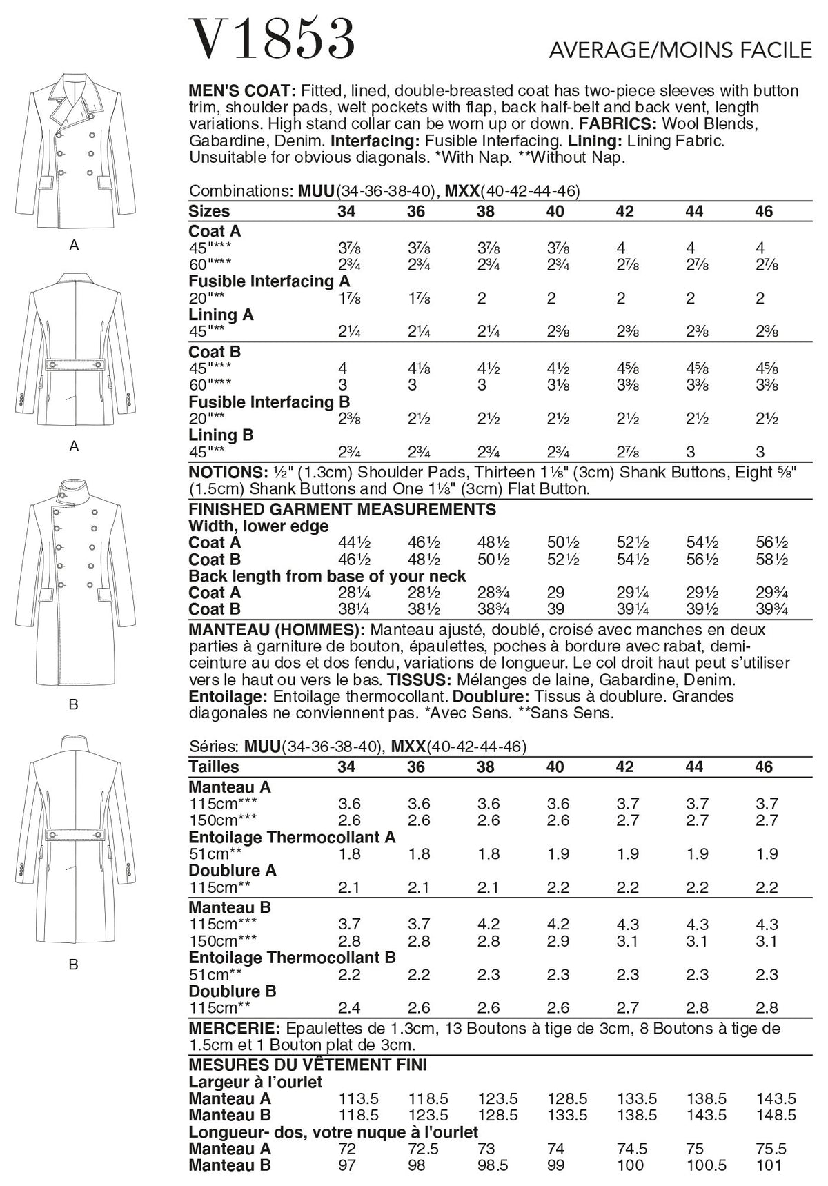 Vogue Coat Mens Sewing Pattern V1853