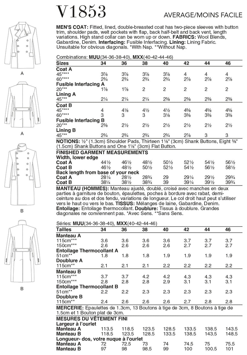 Vogue Coat Mens Sewing Pattern V1853