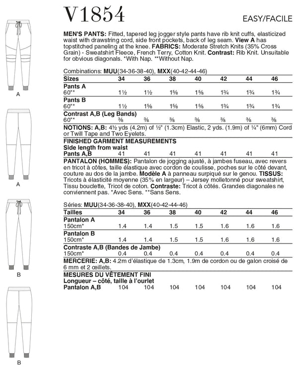 Vogue Pants Mens Sewing Pattern V1854