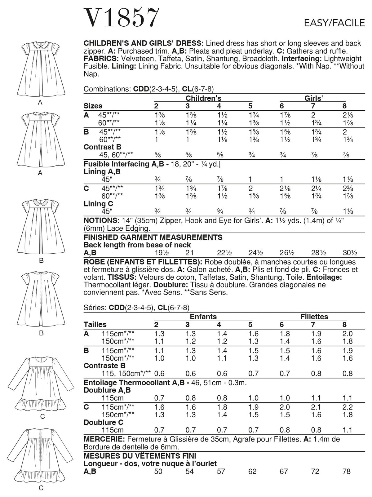 Vogue & Childrens Dress Girls Sewing Pattern V1857