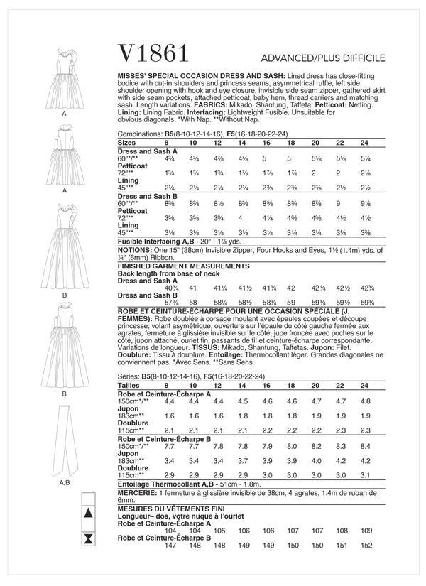 Vogue Special Misses Dress Occasion & Sash Sewing Pattern V1861