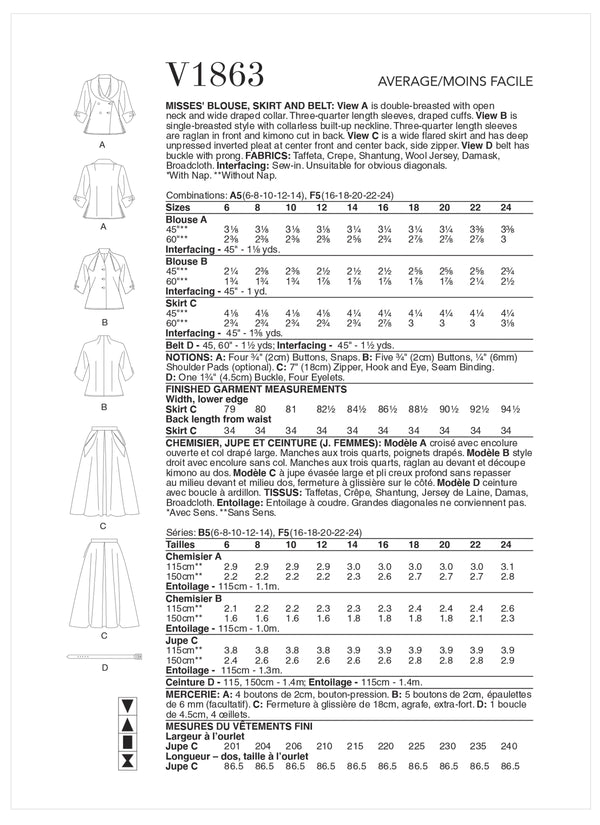 Vogue Blouse, Misses & Skirt Belt Sewing Pattern V1863