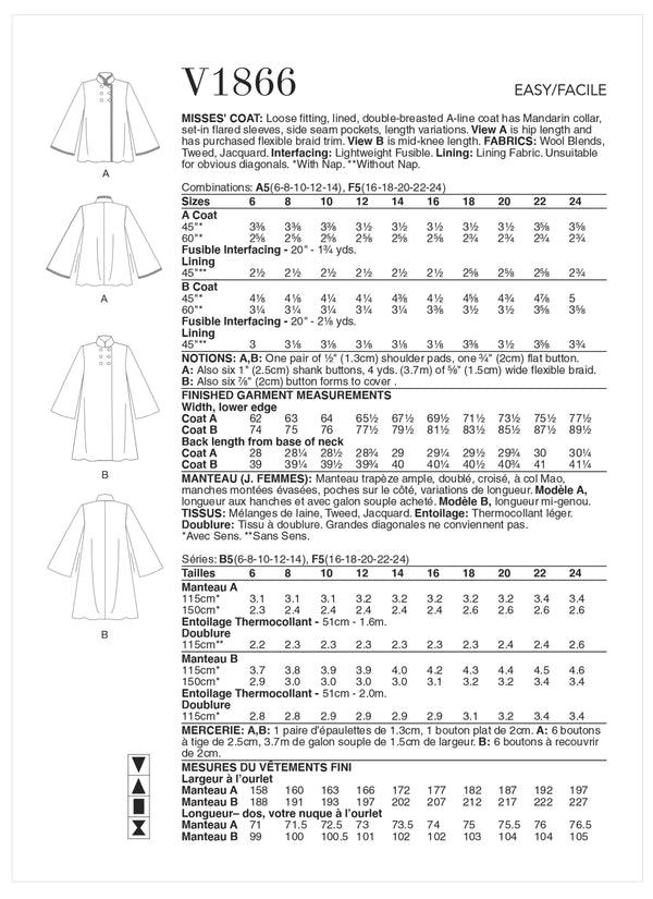 Vogue Coat Misses Sewing Pattern V1866