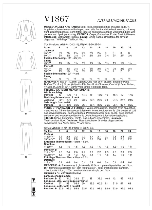 Vogue Jacket Misses Pants Sewing Pattern V1867