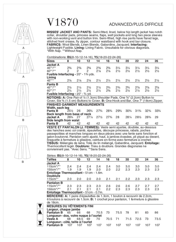 Vogue Jacket Misses Pants Sewing Pattern V1870