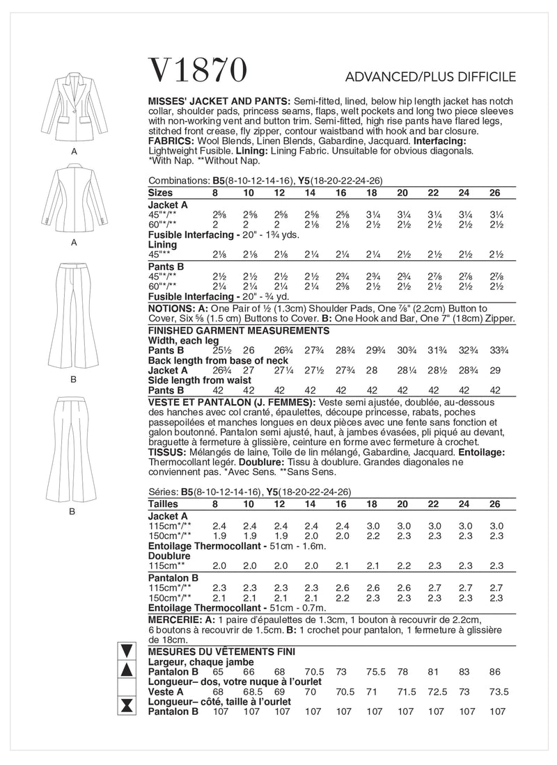 Vogue Jacket Misses Pants Sewing Pattern V1870