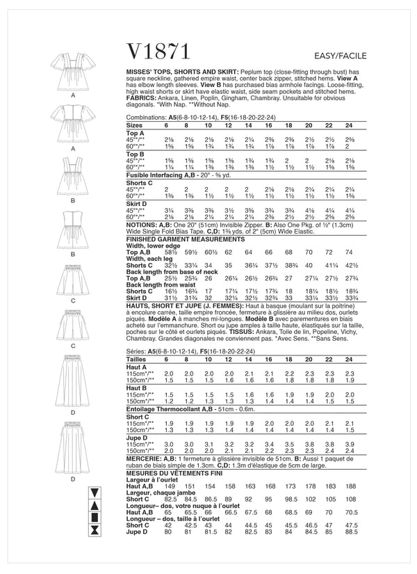 Vogue Tops, Misses & Shorts Skirt Sewing Pattern V1871