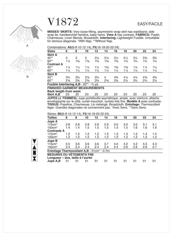 Vogue Skirts Misses Sewing Pattern V1872