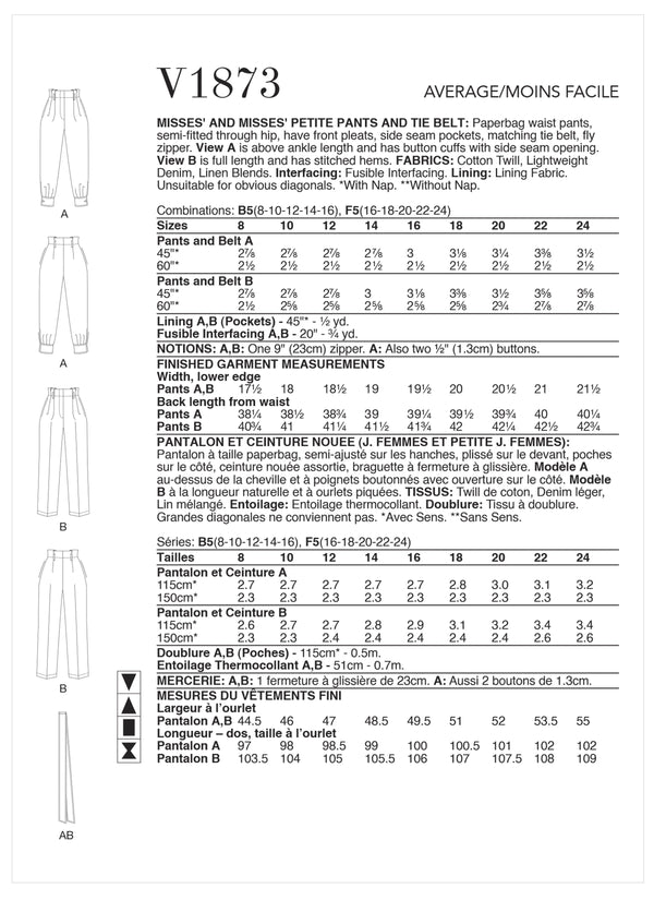 Vogue & Misses Petite Misses Pants & Tie Belt Sewing Pattern V1873