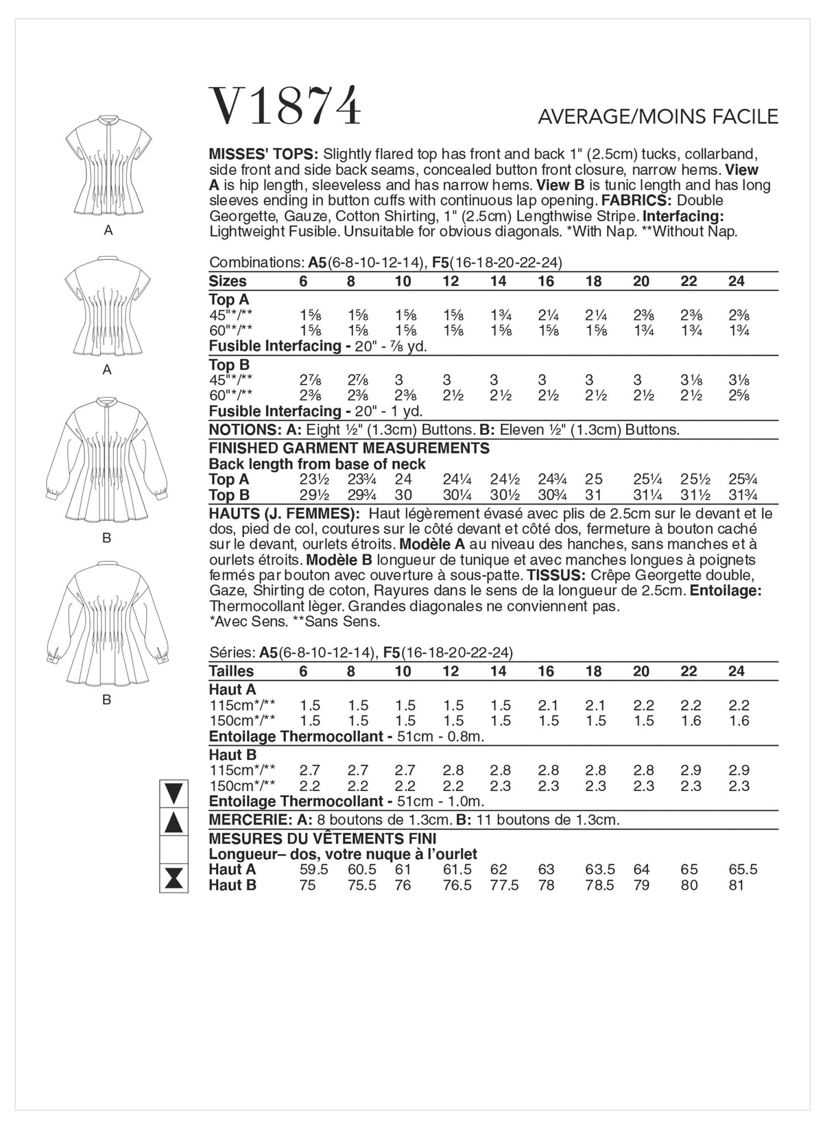 Vogue Tops Misses Sewing Pattern V1874