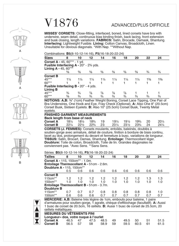 Vogue Corsets Misses Sewing Pattern V1876