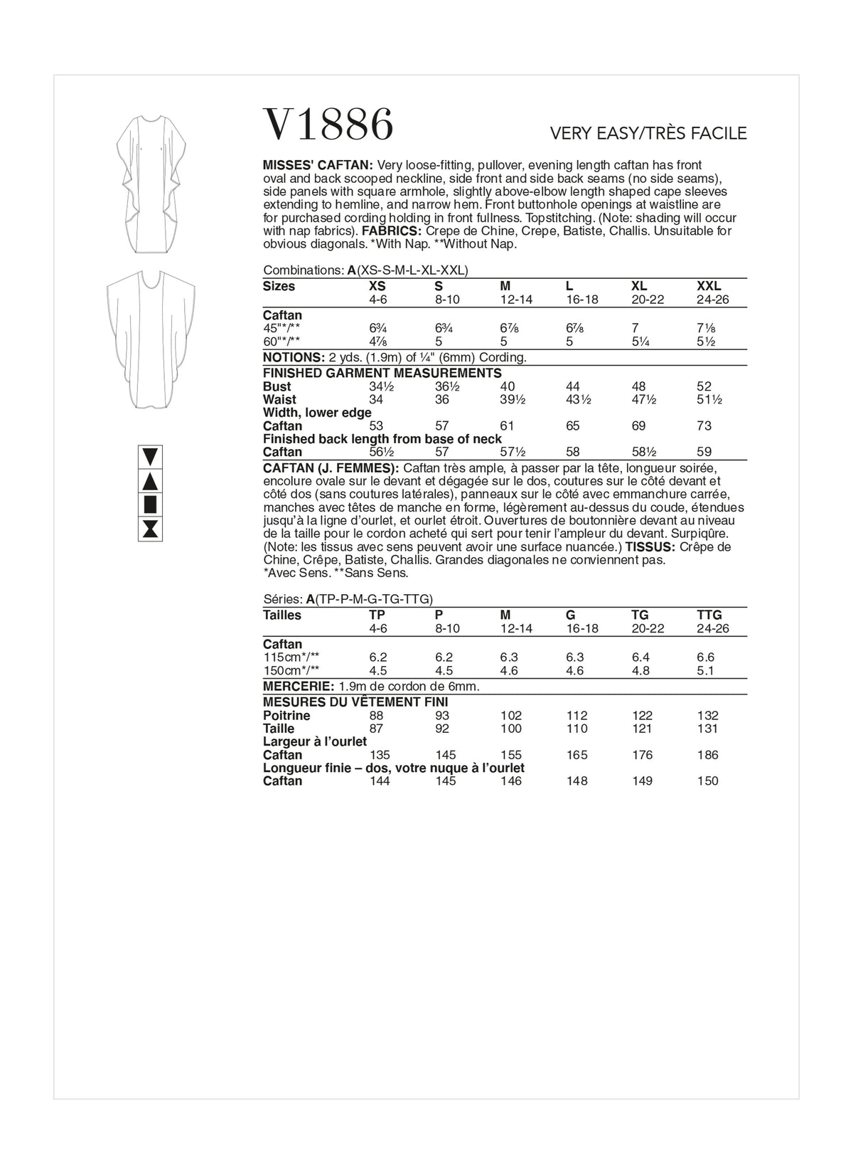 Vogue Misses Dress Caftan Misses Sewing Pattern V1886A (XS-S-M-L-XL-XXL)