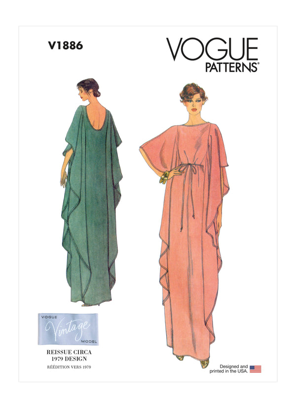 Vogue Misses Dress Caftan Misses Sewing Pattern V1886A (XS-S-M-L-XL-XXL)