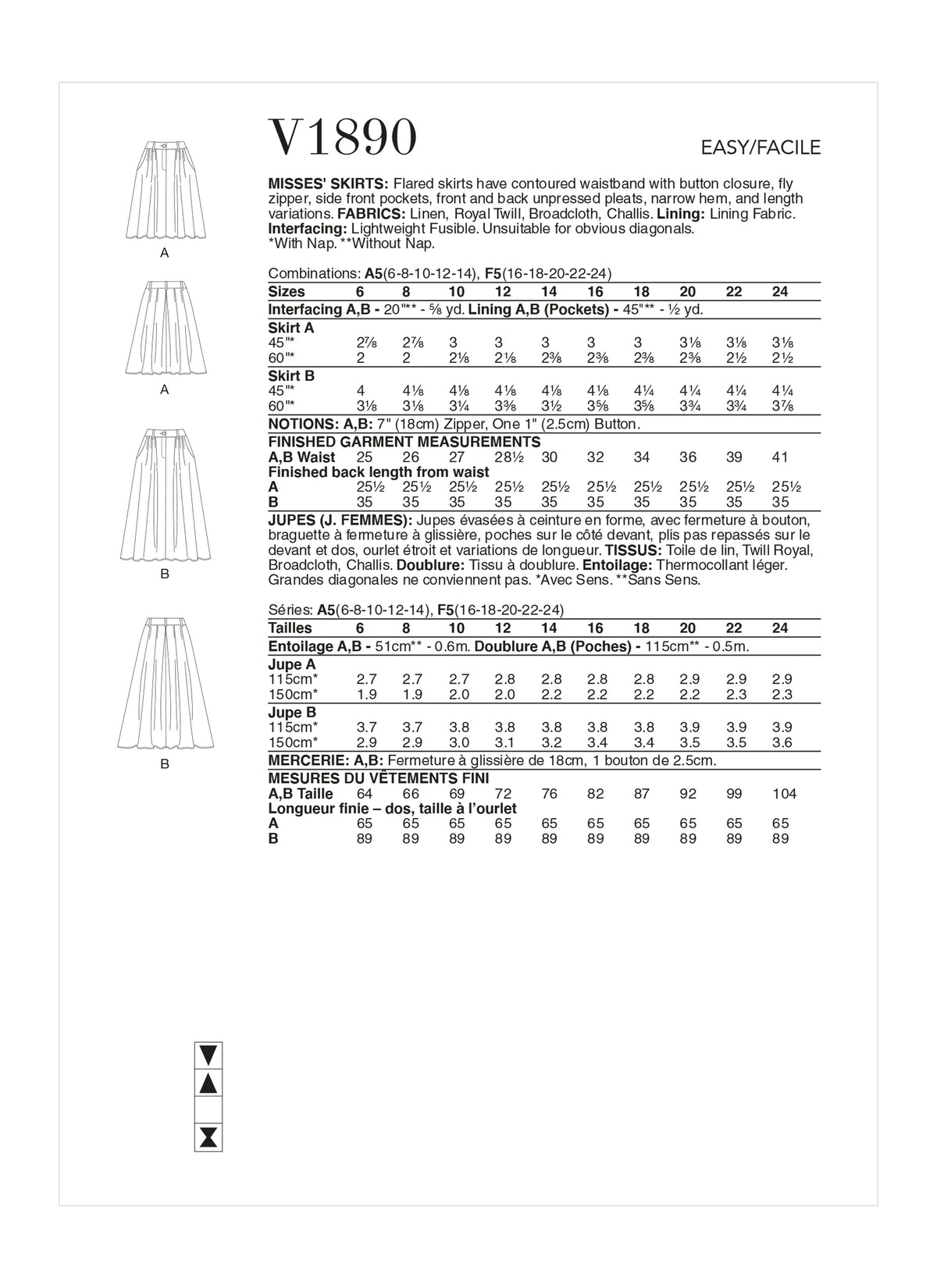 Vogue Skirts Misses Sewing Pattern V1890
