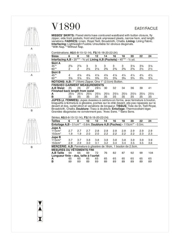 Vogue Skirts Misses Sewing Pattern V1890