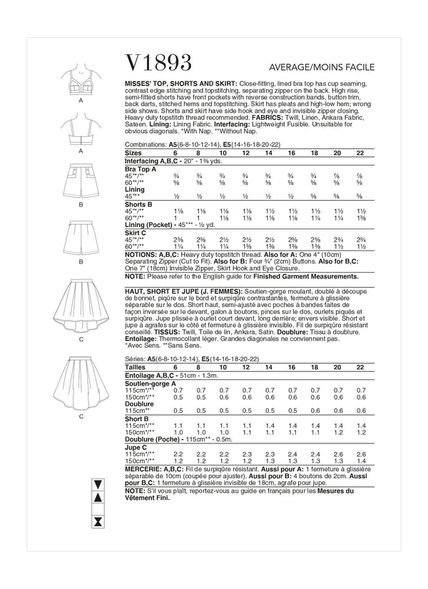 Vogue Top, Misses & Shorts Skirt Sewing Pattern V1893