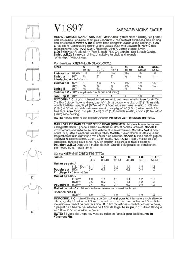 Vogue Swimsuits Mens Tank & Top Sewing Pattern V1897