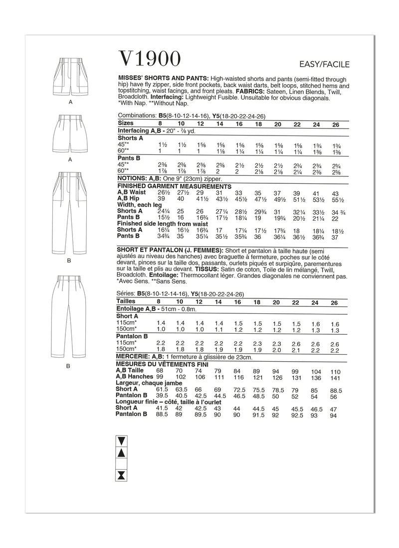 Vogue Shorts Misses Pants Sewing Pattern V1900