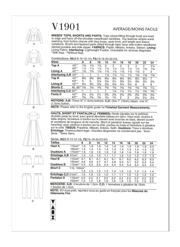 Vogue Top, Miss & Shorts Pants Sewing Pattern V1901