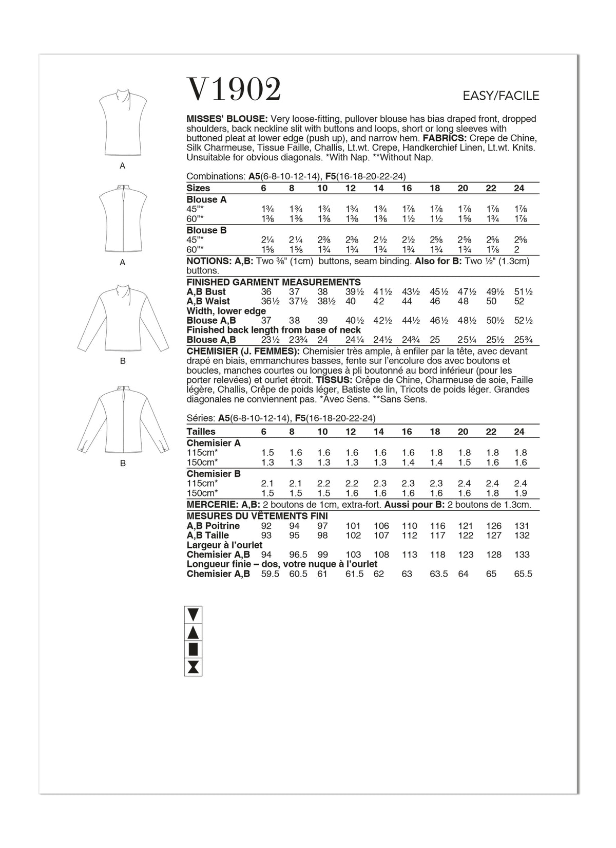 Vogue Blouse Misses Sewing Pattern V1902