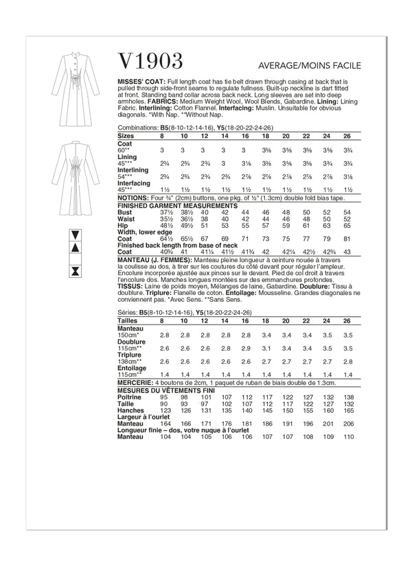 Vogue Coat Misses Sewing Pattern V1903