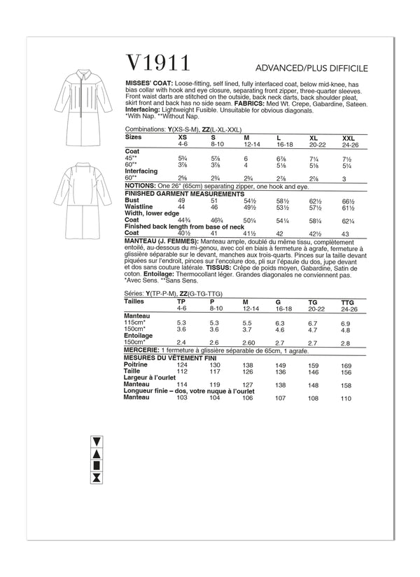 Vogue Coat Misses Sewing Pattern V1911