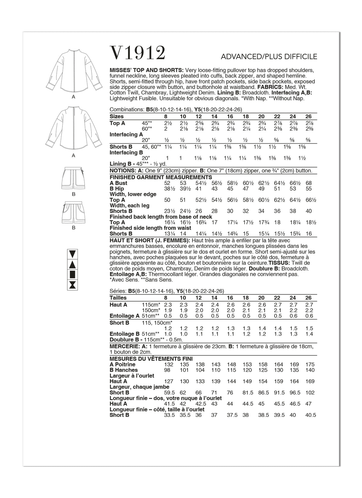 Vogue Top Misses Shorts Sewing Pattern V1912