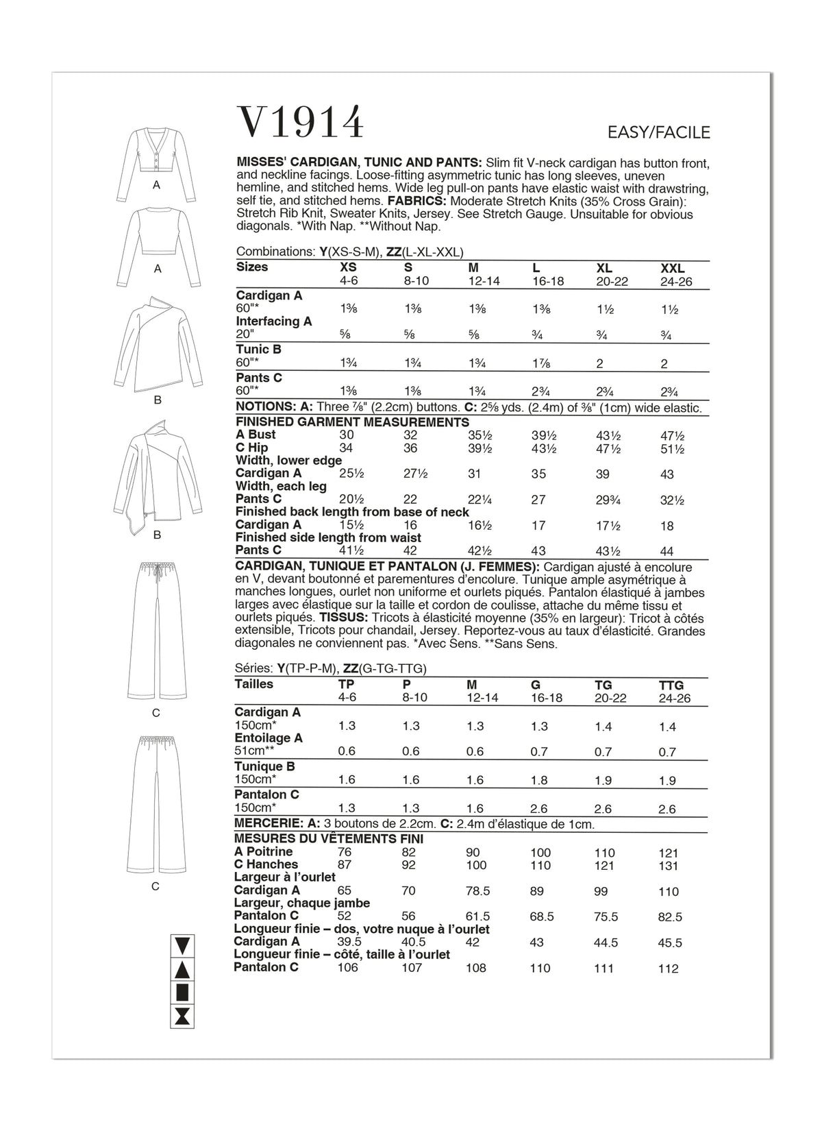 Vogue Cardi, Miss & Tunic Pnts Sewing Pattern V1914