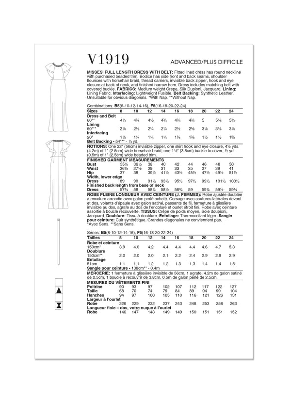 Vogue Full Miss Drss, Len Belt Sewing Pattern V1919