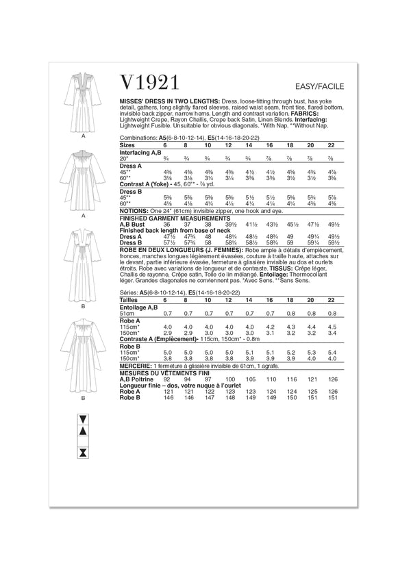 Vogue Dress Miss Two In Lngths Sewing Pattern V1921