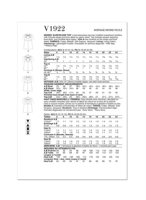 Vogue Sleeveless Misses Top Sewing Pattern V1922