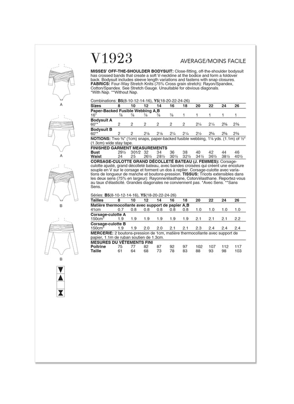 Vogue Off Miss Bodysuit Shlder Sewing Pattern V1923