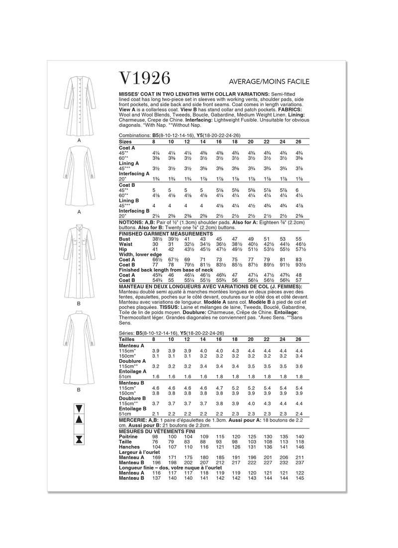 Vogue Coat Miss Two In Lngths Sewing Pattern V1926