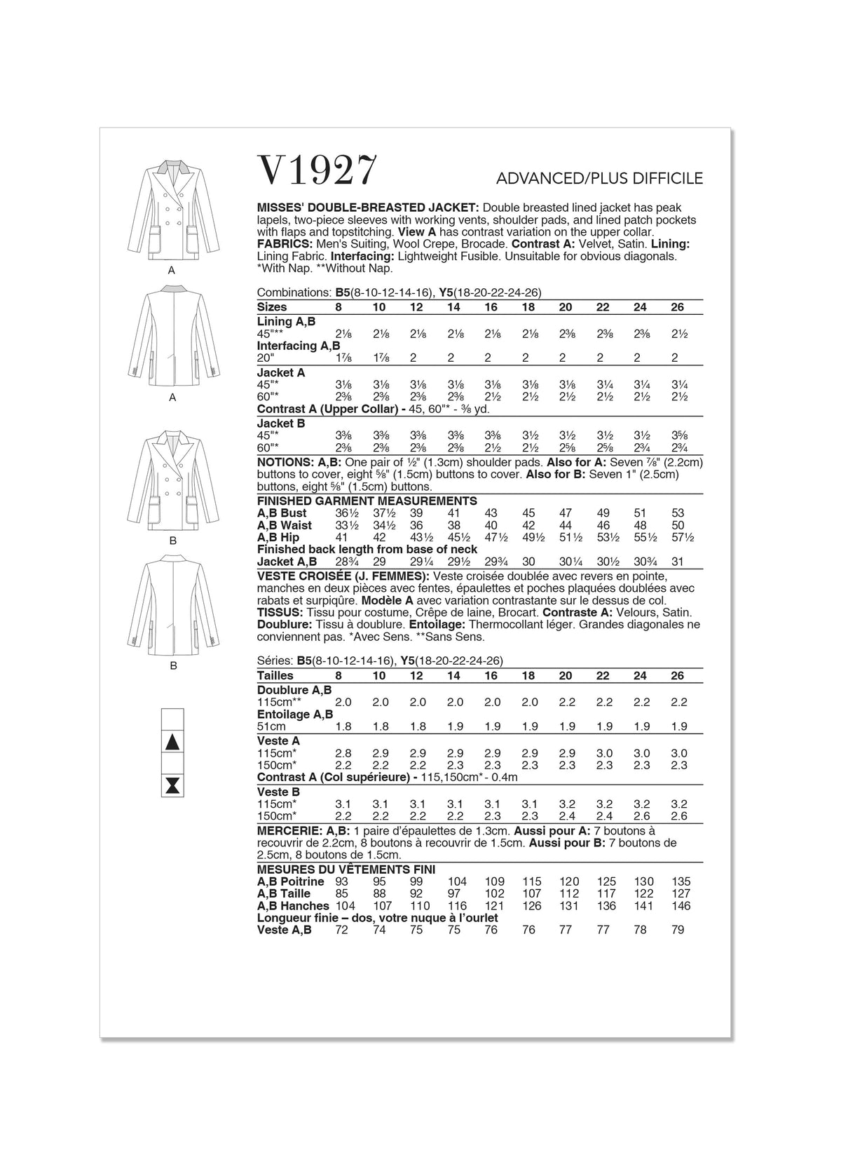 Vogue Double Miss Jkt Breasted Sewing Pattern V1927