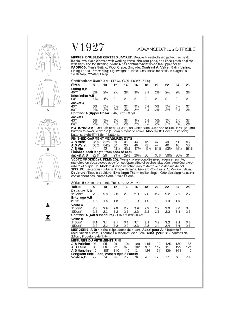Vogue Double Miss Jkt Breasted Sewing Pattern V1927