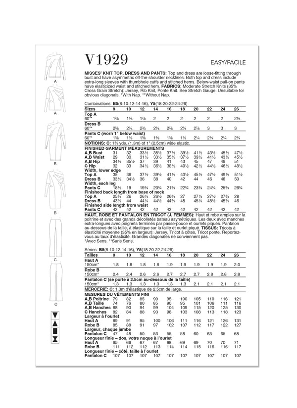 Vogue Knit Miss Drss Tp & Pnts Sewing Pattern V1929