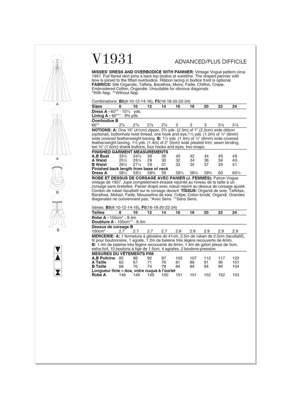 Vogue & Drss W/Pannier Overbod Sewing Pattern V1931