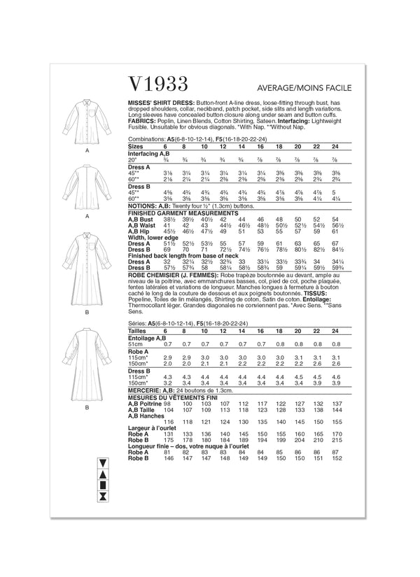 Vogue Shirt Misses Dress Sewing Pattern V1933