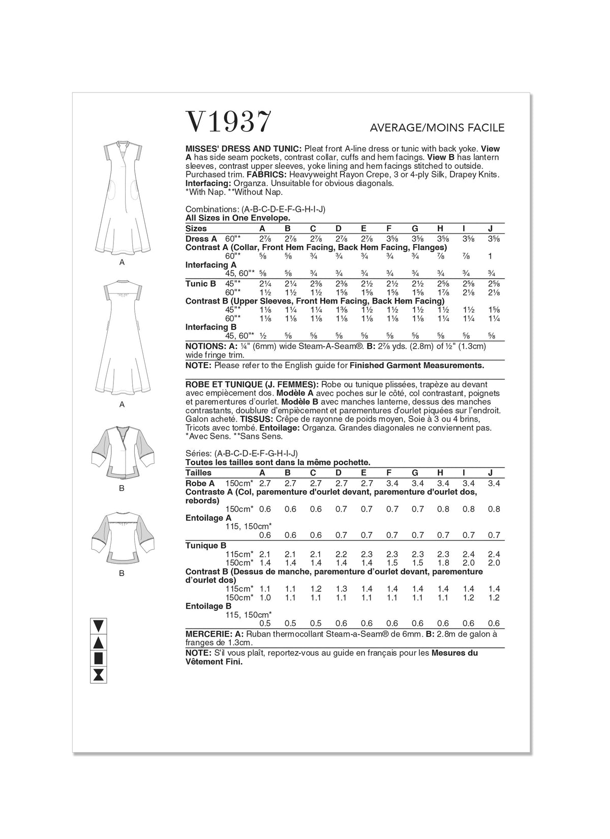 Vogue Misses Dress Tunic & By Sandra Betzina Sewing Pattern V1937A