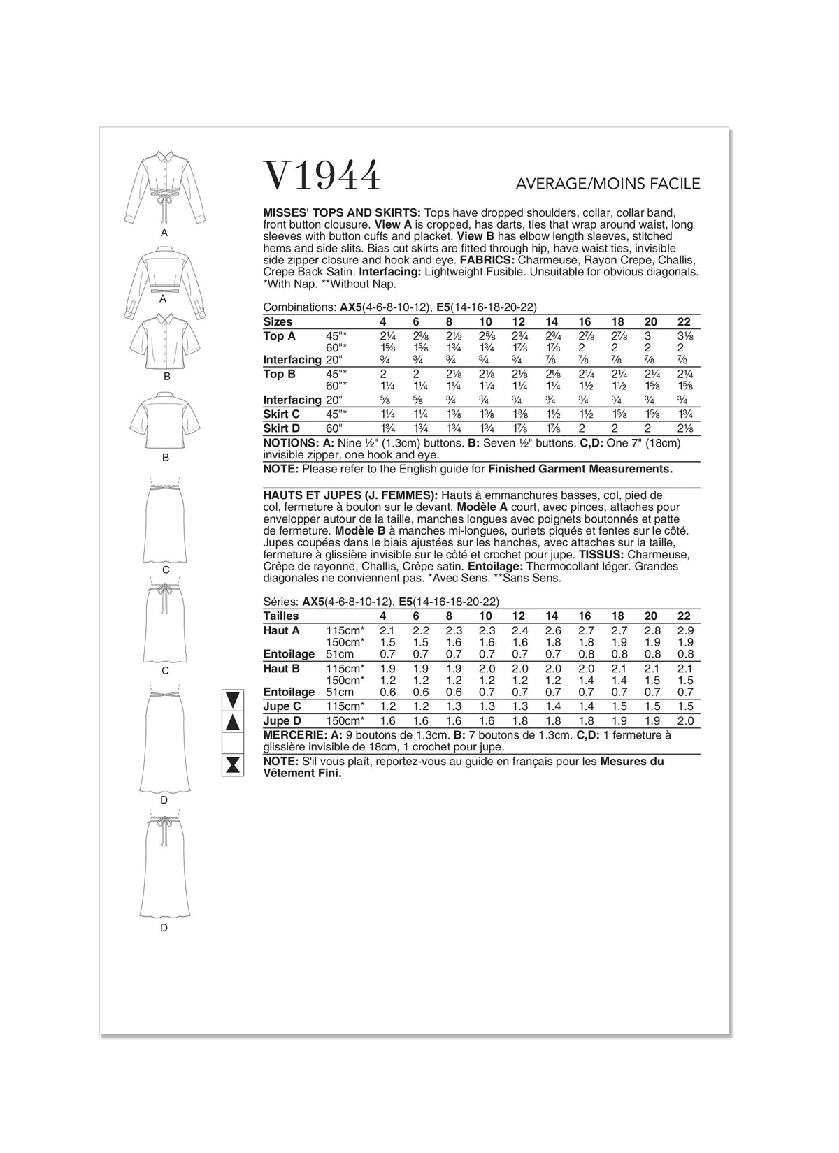 Vogue Tops Misses Skirts Sewing Pattern V1944