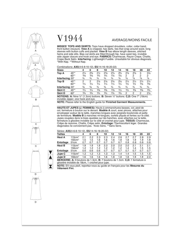 Vogue Tops Misses Skirts Sewing Pattern V1944