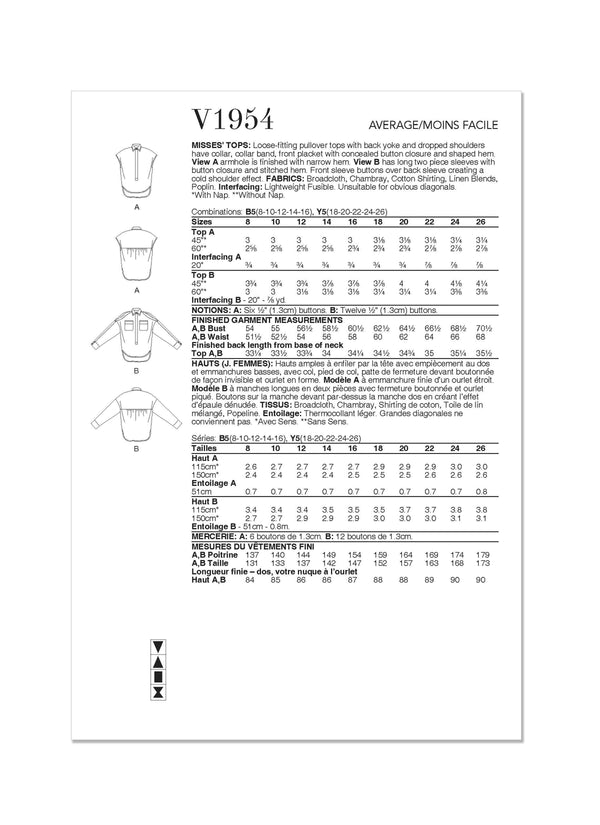 Vogue Tops Misses Sewing Pattern V1954