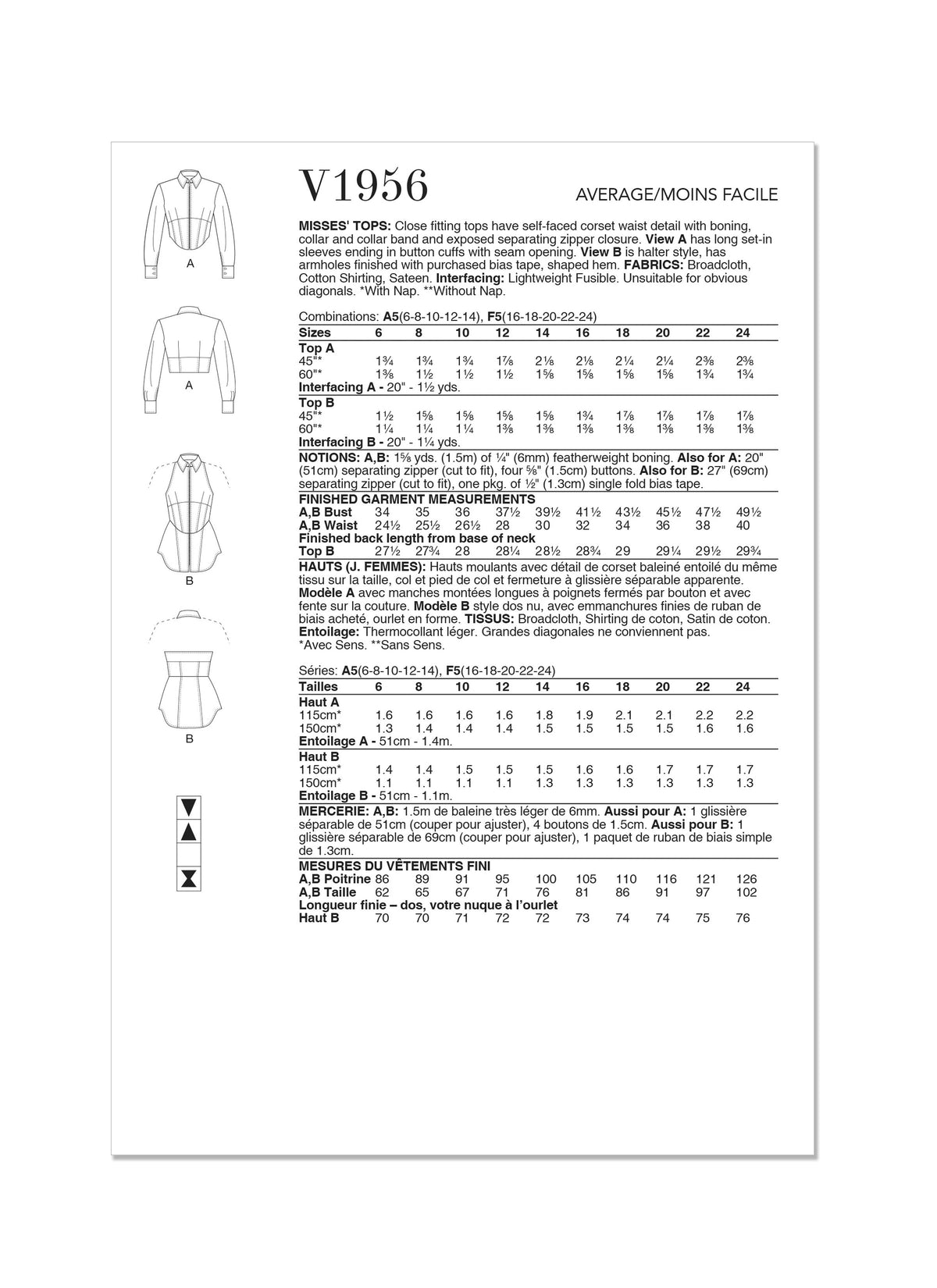 Vogue Tops Misses Sewing Pattern V1956