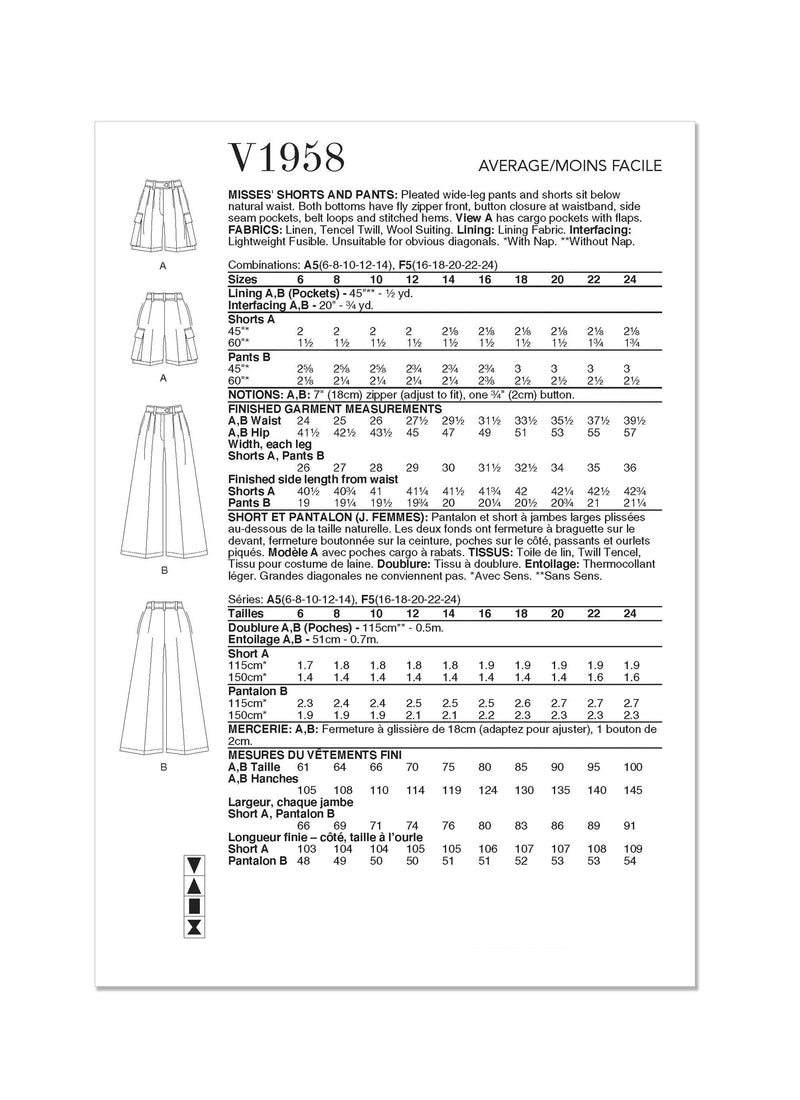 Vogue & Shorts Misses Pants Sewing Pattern V1958