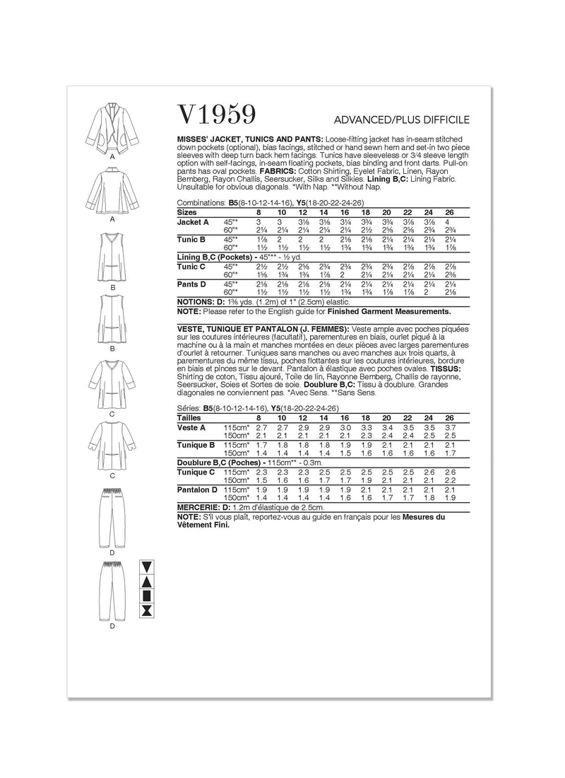 Vogue Tunics Jacket, Pants Misses Sewing Pattern V1959