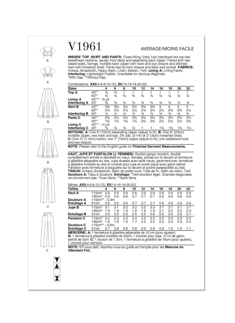 Vogue Skirt Top, Pants Misses Sewing Pattern V1961