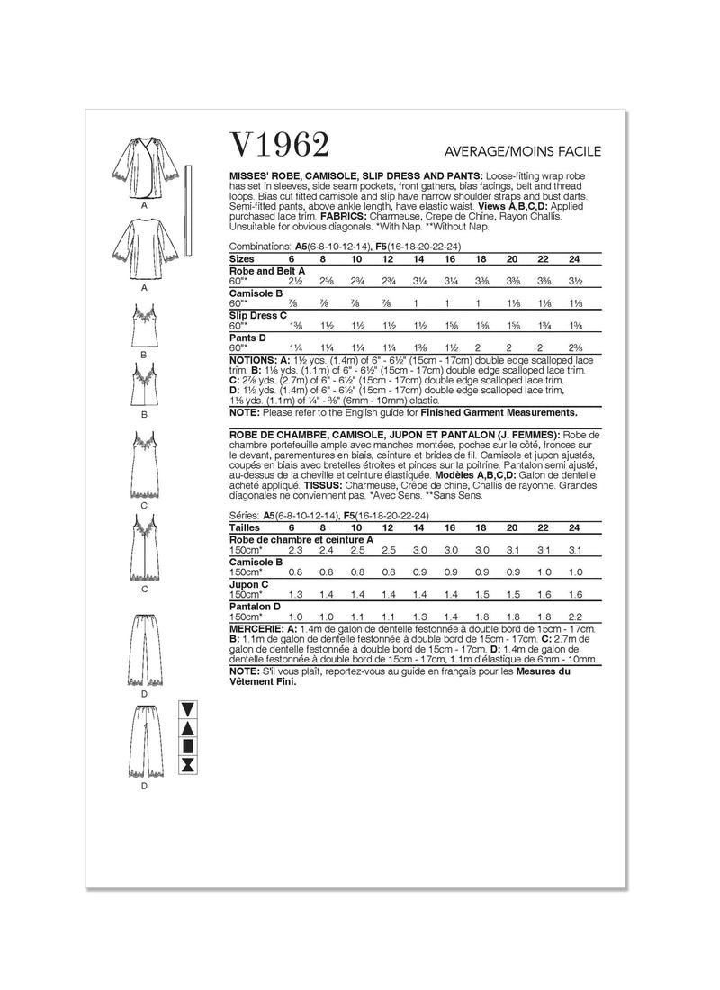 Vogue Camisole, Robe, Dress Misses Slip & Pants Sewing Pattern V1962
