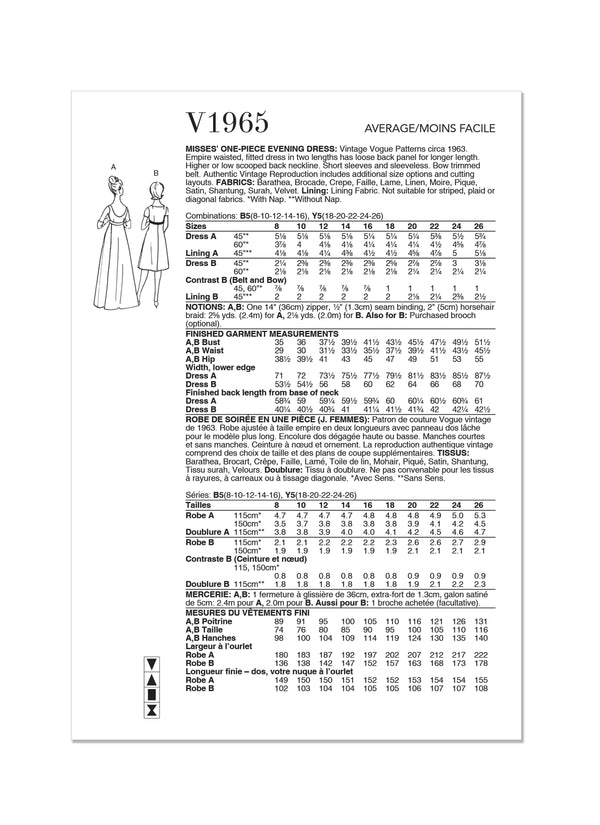 Vogue One Misses Evening Piece Dress Sewing Pattern V1965