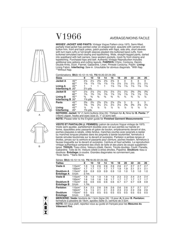 Vogue Jacket Misses Pants Sewing Pattern V1966