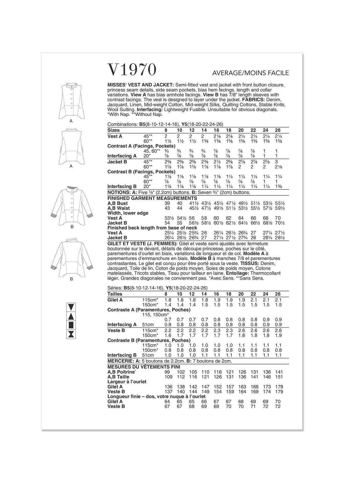 Vogue Vest Misses Jacket Sewing Pattern V1970